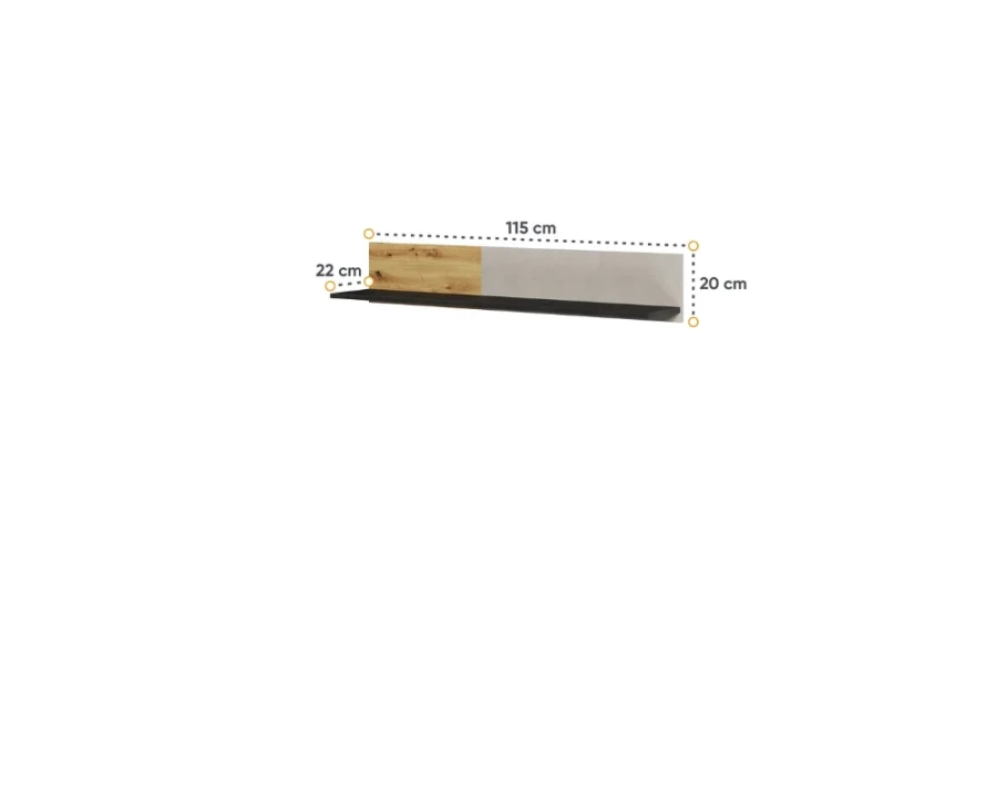 Wandboard Maße: 115 cm Breite, 20 cm Höhe, 22 cm Tiefe. Stilvolles Hängeregal in Holz- und Betonoptik.