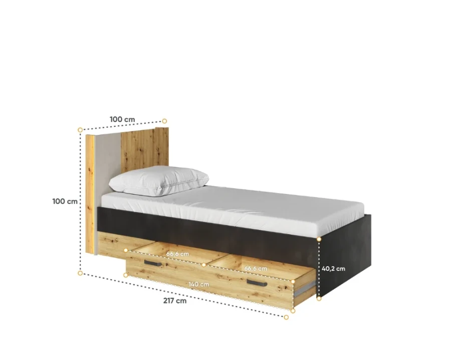 Jugendbett 100x200 cm mit Bettkasten und Kopfteil in Eiche-Schwarz, Maße 217 cm Länge und 100 cm Breite.