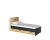 Modernes Jugendbett in Eiche-Optik mit schwarzen Details und praktischen Bettschubladen.