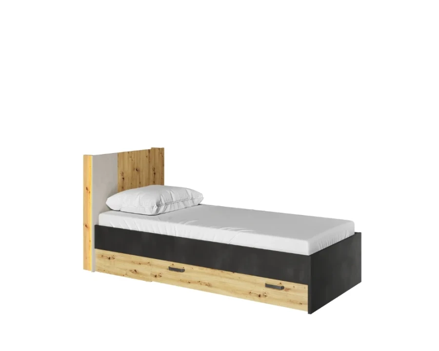 Modernes Jugendbett in Eiche-Optik mit schwarzen Details und praktischen Bettschubladen.