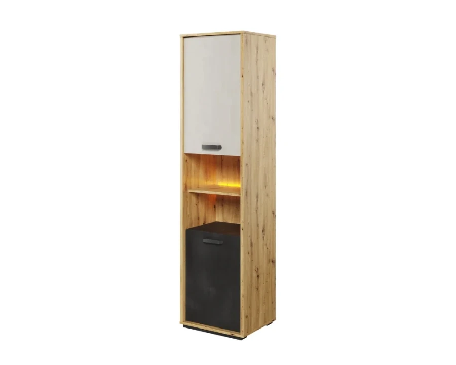 Hoher Schrank für Jugendzimmer mit beleuchtetem Fach, hellgrauer Front und dunklem Schubkasten.