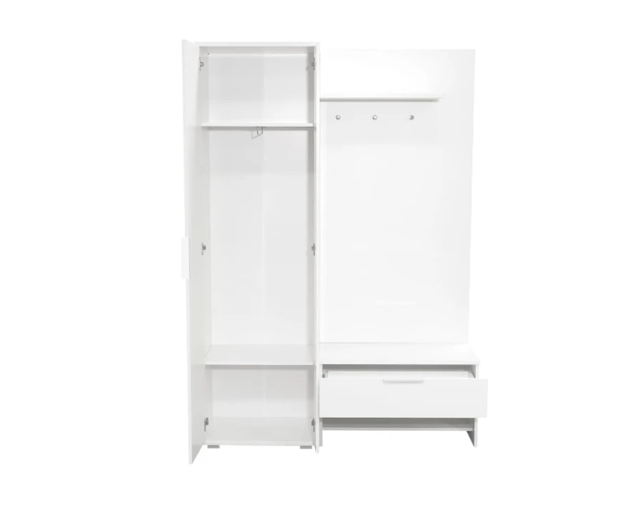 Weißer Garderobenschrank mit offener Tür und Schublade für optimalen Stauraum im Flur.