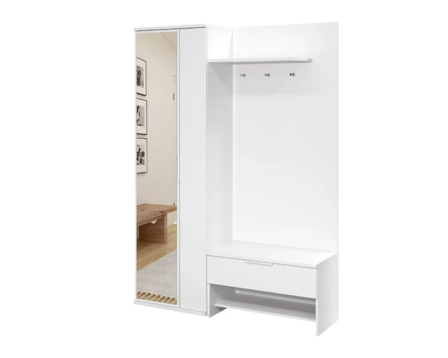Elegante Flurgarderobe in Weiß mit großem Spiegel, Kleiderhaken und praktischer Sitzbank.