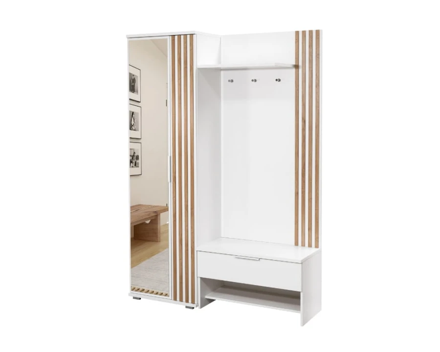 Moderne Garderobe in Weiß mit Holz-Lamellen, Spiegel und Schuhschrank für den Eingangsbereich.
