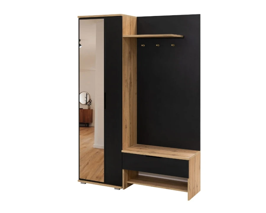 Flurgarderobe Set mit Spiegel, Schrank und Sitzbank in Schwarz und Eiche-Optik.
