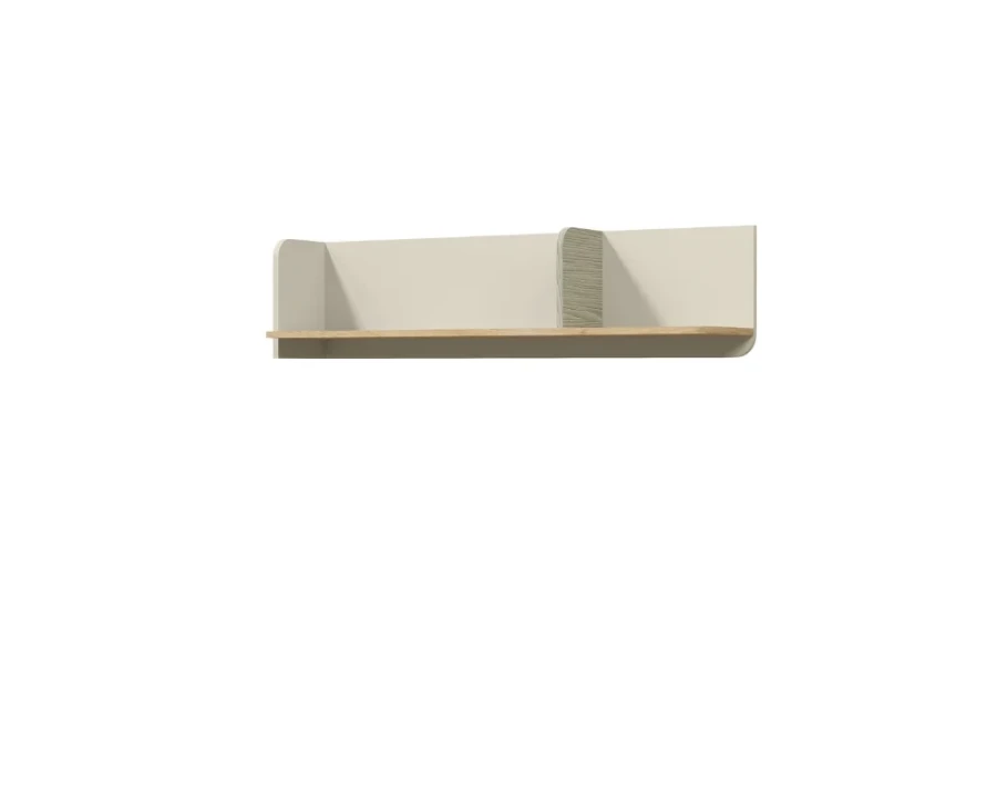 Modernes Wandregal in Beige und Eichenoptik für das Kinderzimmer.