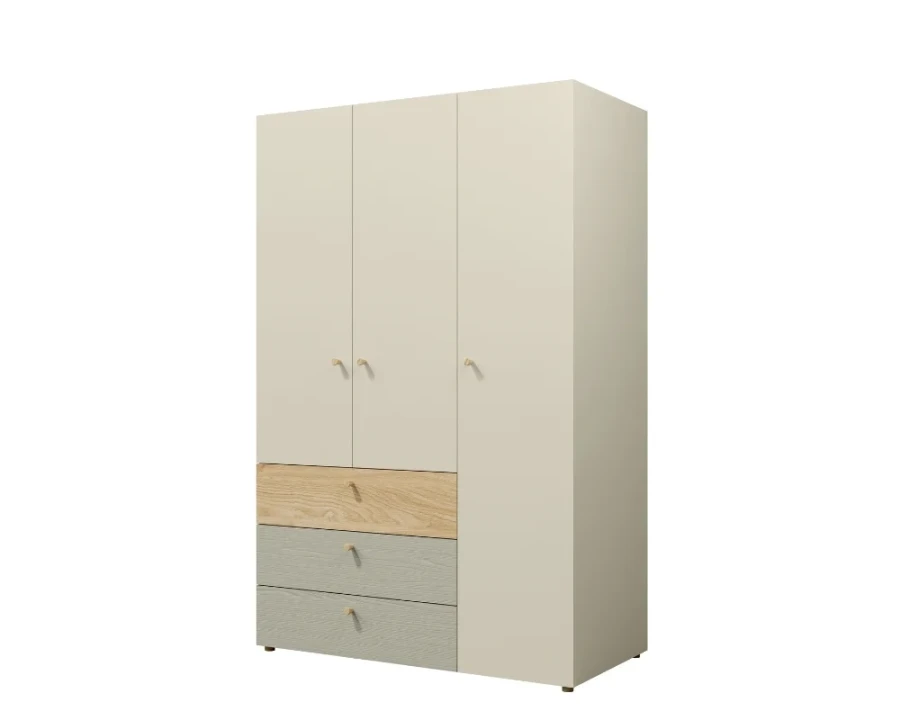 Dreitüriger Kleiderschrank in Beige mit farbigen Schubladen im Eiche-Design.
