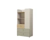 Moderner Kinderzimmerschrank mit offenen Regalfächern und Schubladen in Beige und Holzoptik.