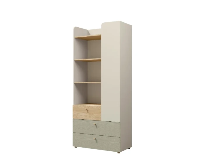 Hohes Standregal in Beige und Holzoptik mit drei farbigen Schubladen für das Kinderzimmer.