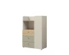 Kompaktes Sideboard für Jugendzimmer in hellem Holz und Grau mit Schubladen und offenem Fach.