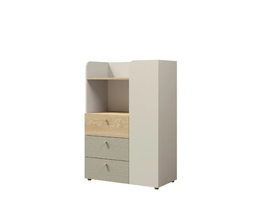 Kompaktes Sideboard für Jugendzimmer in hellem Holz und Grau mit Schubladen und offenem Fach.