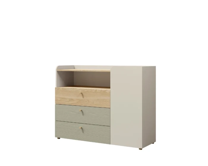 Moderne Kommode in Beige, Eiche und Salbeigrün mit drei Schubladen und offenem Fach.