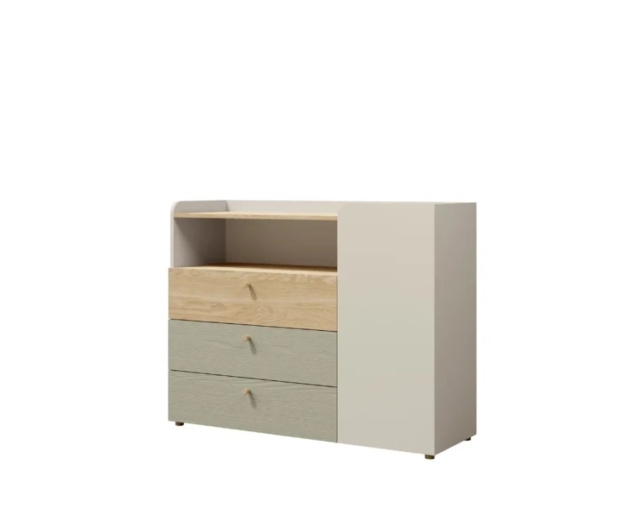 Moderne commode in beige, eiken en saliegroen met drie lades en een open vak.