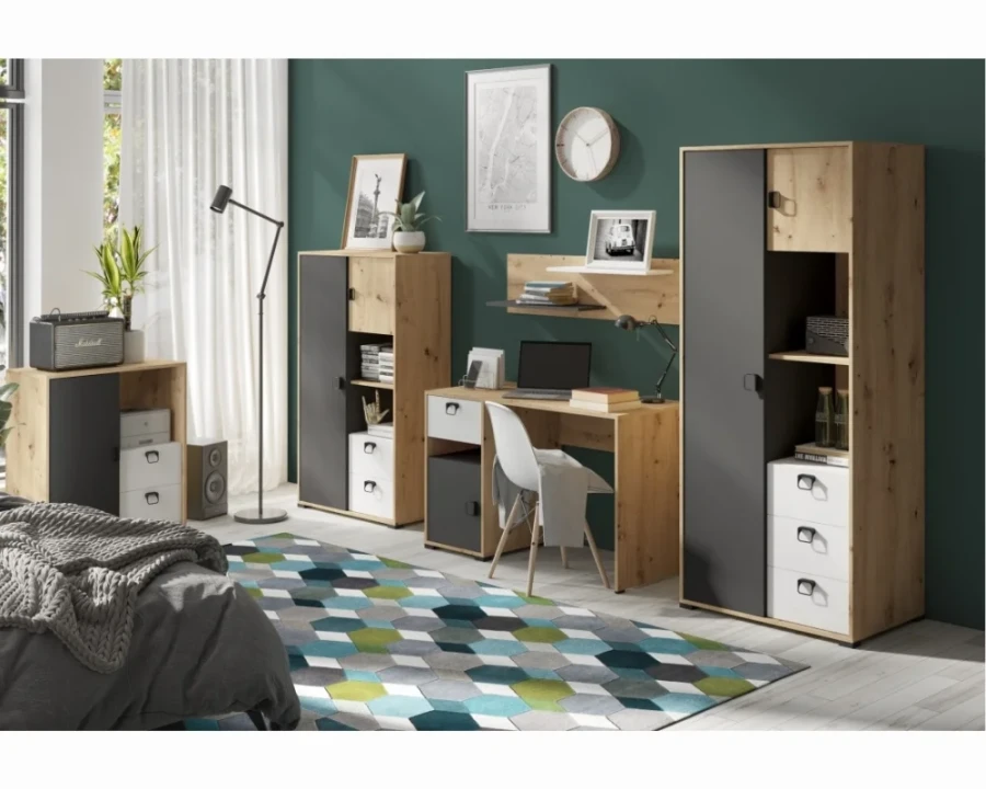 Modernes Jugendzimmer-Möbelset mit Schreibtisch, Kleiderschrank und Regalen.
