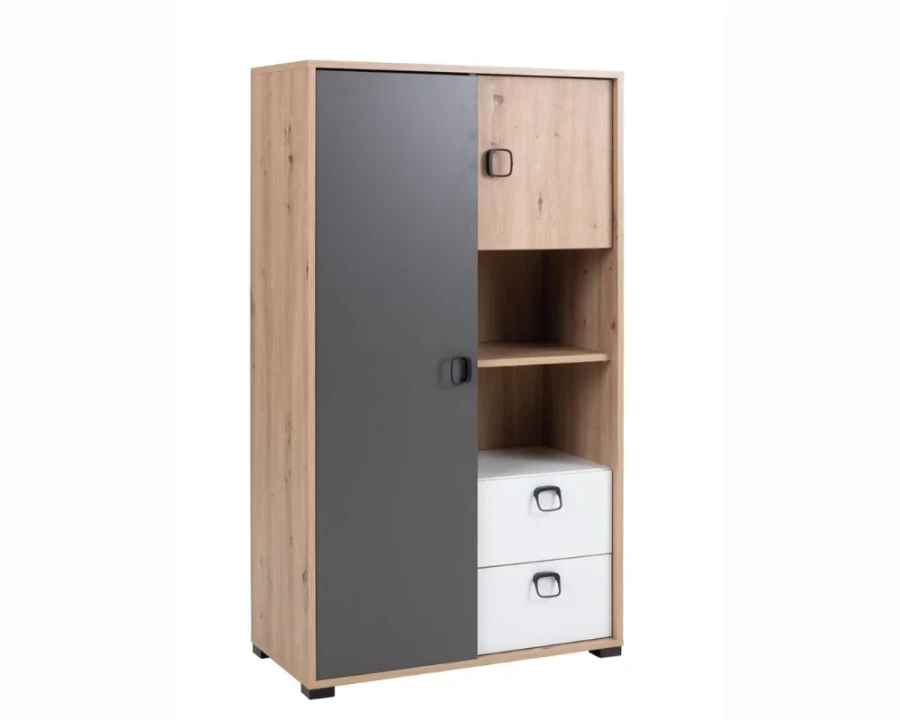 Hoher Kleiderschrank in Eiche-Optik mit grauen und weißen Elementen für viel Stauraum im Kinderzimmer.
