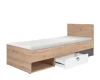 Funktionsbett in Eiche-Optik mit ausziehbarer weißer Schublade und offenem Fach für extra Stauraum.