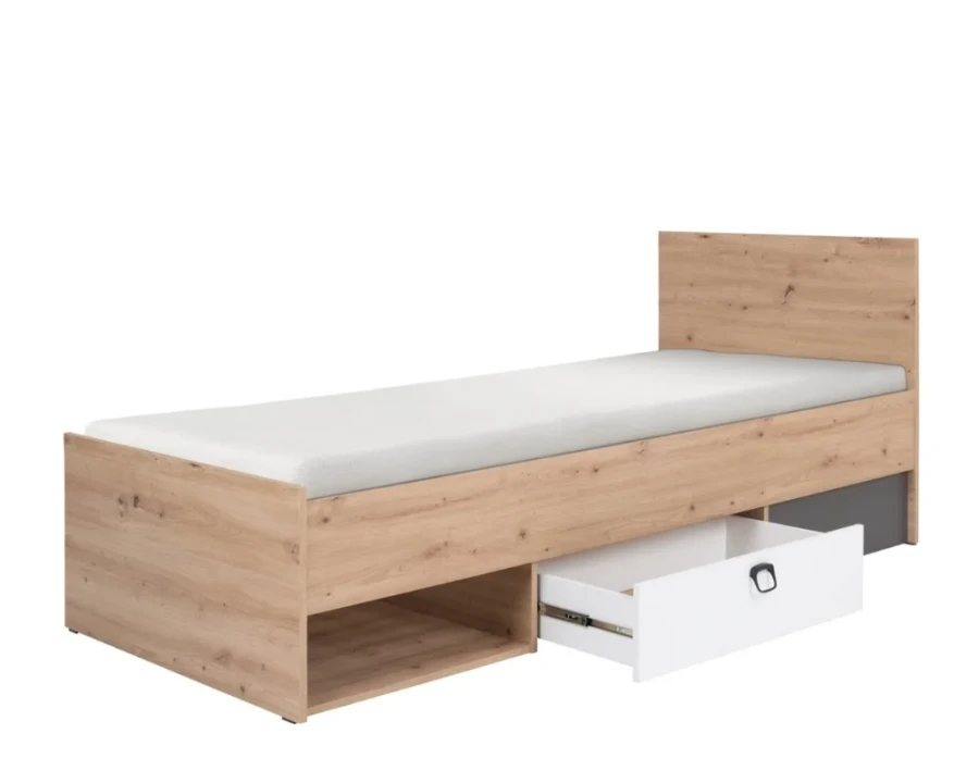 Funktionsbett in Eiche-Optik mit ausziehbarer weißer Schublade und offenem Fach für extra Stauraum.
