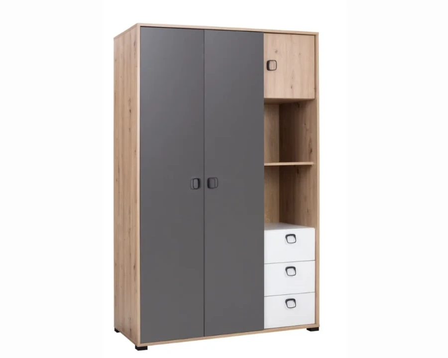 2-türiger Kleiderschrank für das Jugendzimmer in Eiche-Optik mit grauen Fronten und weißen Schubladen.