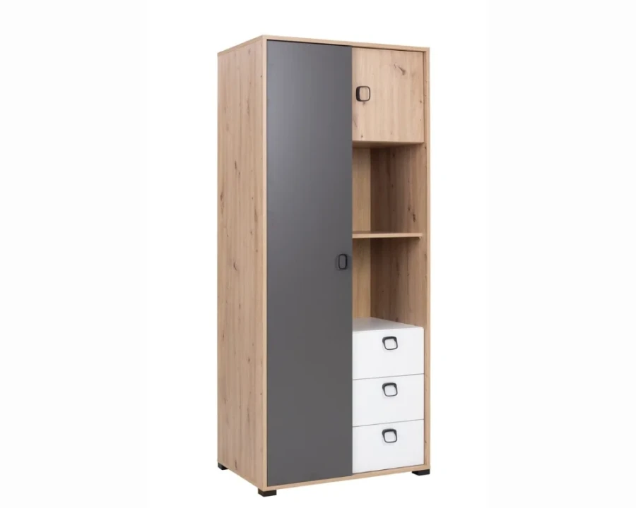 Kleiderschrank in Eiche-Optik mit großer grauer Tür und drei weißen Schubladen.