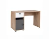Moderner Schreibtisch in Eiche-Optik mit weißer Schublade und grauer Tür für das Home-Office.