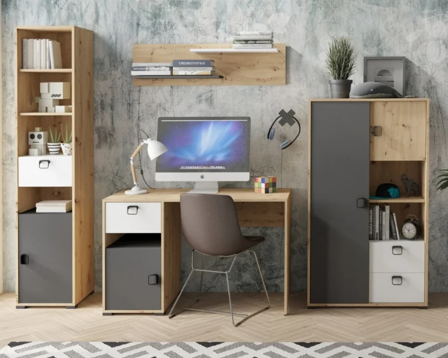 Modernes Jugendzimmer-Set Kami mit Schreibtisch, Regal und Schrank in Eiche-Optik und Grau.