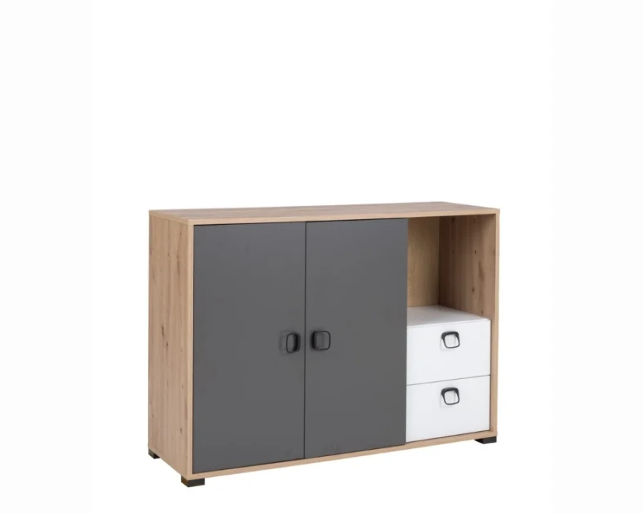 Modernes Sideboard in Eiche-Optik mit zwei grauen Türen und zwei weißen Schubladen für viel Stauraum.