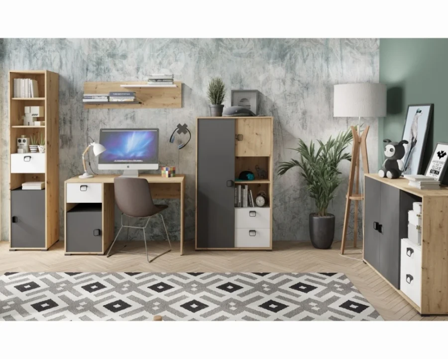 Komplettes Jugendzimmer-Set der Kami Kollektion mit Schreibtisch, Regalen und Kommode in modernem Design.