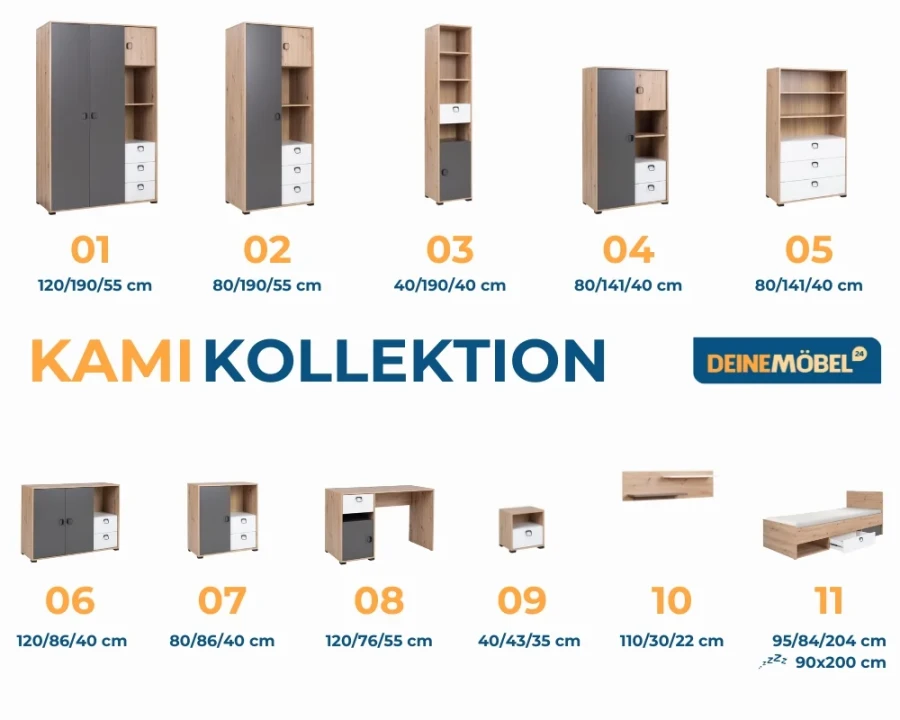 Alle Möbel der Kami Kollektion für das Jugendzimmer inklusive Abmessungen im Überblick.