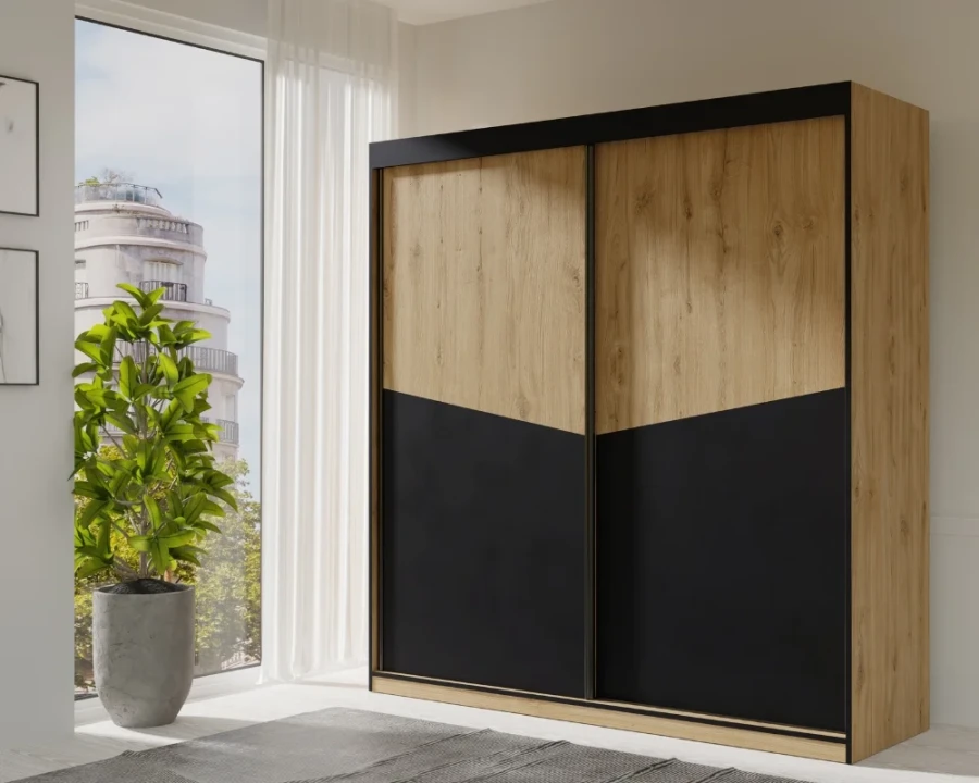 Moderner Schwebetürenschrank in Eiche-Optik und Schwarz mit geometrischem V-Design für das Schlafzimmer.