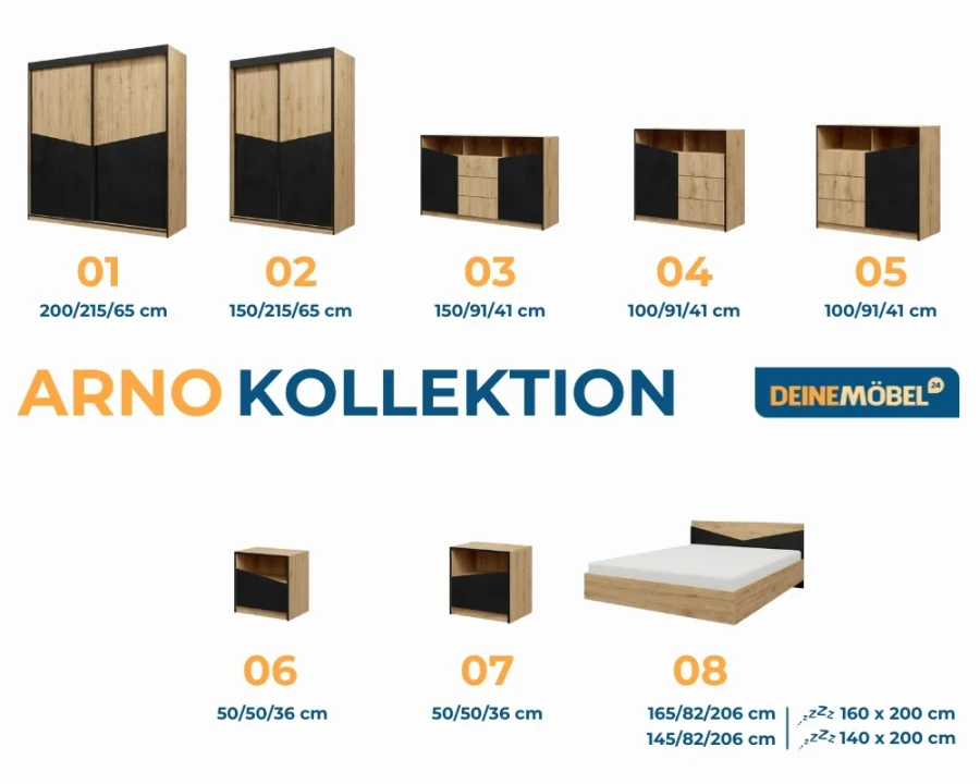 Maßtabelle und Übersicht der Arno Möbelkollektion für Schränke, Kommoden, Betten und Nachttische.