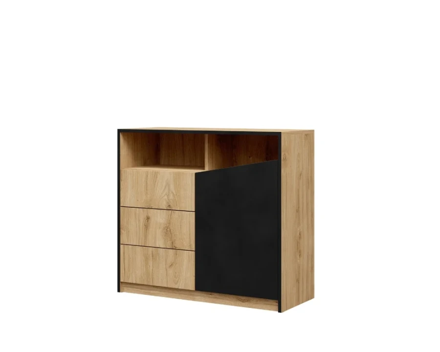 Kommode mit drei Schubladen und einer Tür in Eiche-Schwarz-Optik, modernes Design für Stauraum.