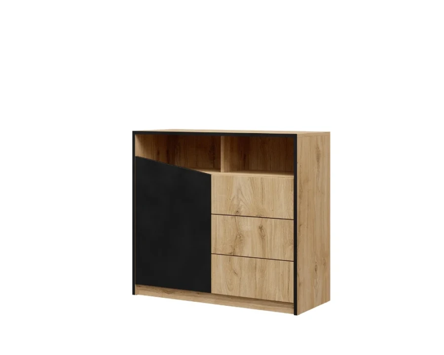 Modernes Sideboard in Holzoptik mit schwarzer Tür im asymmetrischen Design für das Schlafzimmer.