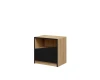 Nachttisch in Eiche-Optik mit schwarzer Front und offenem Ablagefach.
