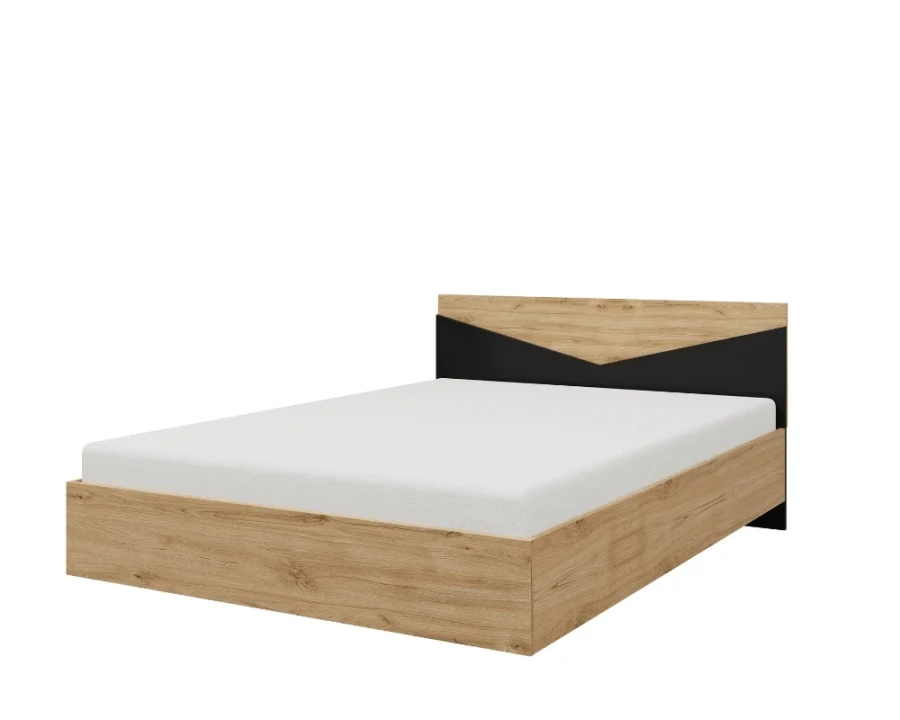 Bettgestell in Eichenholz-Optik mit weißer Matratze und modernem Design-Kopfteil.