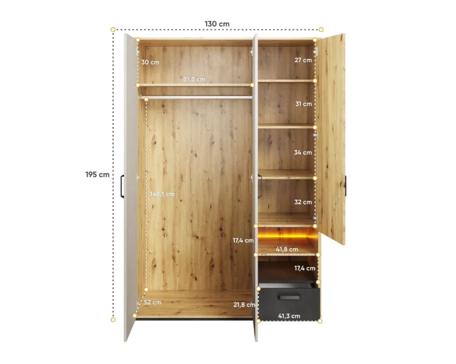 Detaillierte Maße des Kleiderschranks: 130 cm Breite, 195 cm Höhe und 52 cm Tiefe.