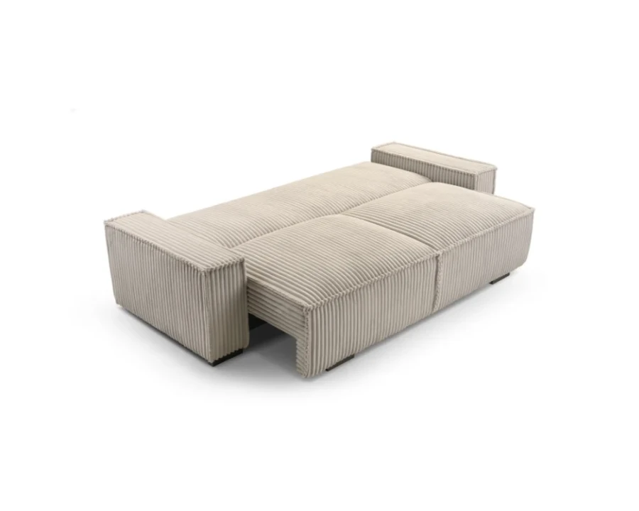 Beiges Cord-Schlafsofa ausgezogen in Liegeposition