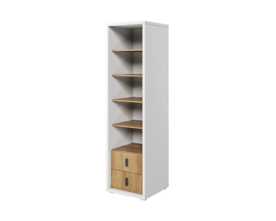 Schmales Bücherregal in Weiß und Eiche mit zwei Schubladen.