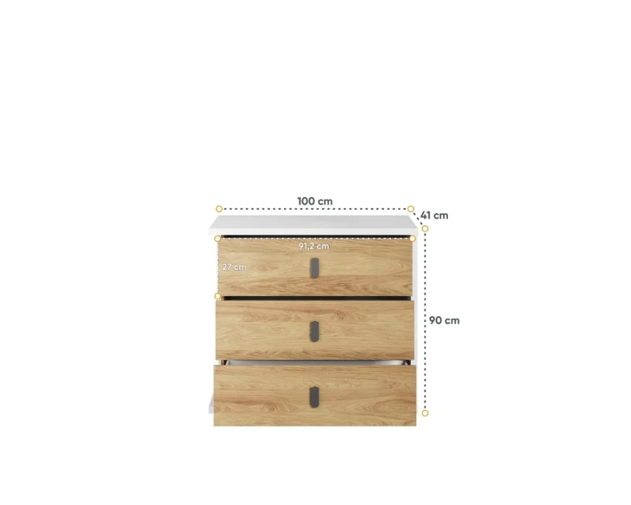 Maße der Kommode: 100x90x41 cm, Eiche-Optik und Weiß mit drei Schubladen.