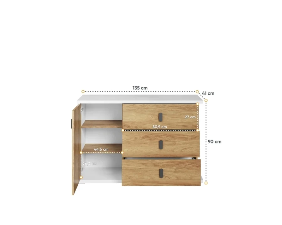 Moderne Kommode in Weiß und Eiche mit Maßangaben der Fächer und Schubladen.