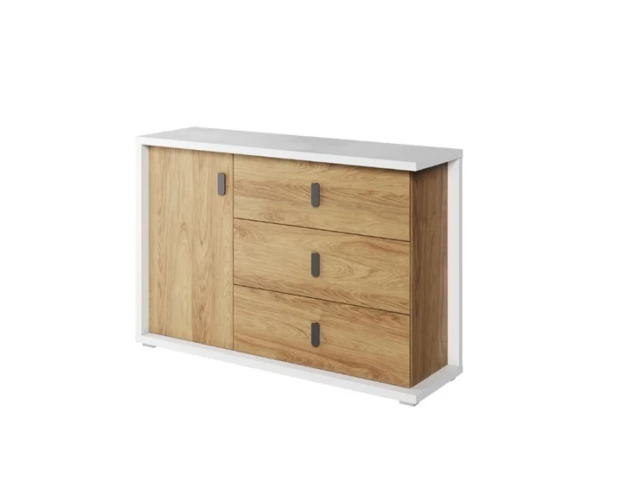 Stilvolles Sideboard in Weiß mit Holzfronten, drei Schubladen und einer Tür.