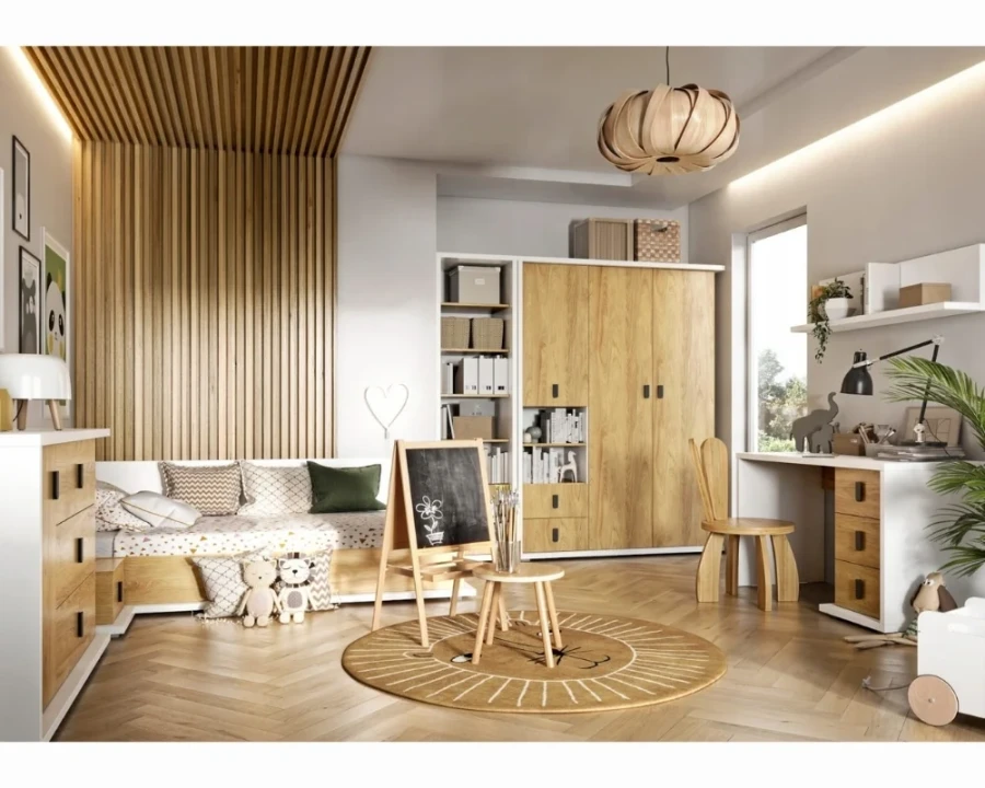 Modernes Kinderzimmer-Set in Weiß und Eiche mit Bett, Schreibtisch und großem Kleiderschrank.