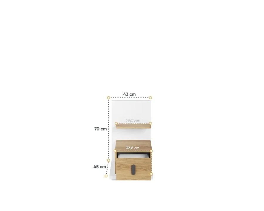 Nachtkommode in Weiß und Eiche mit Maßangaben: 43 cm Breite und 70 cm Gesamthöhe.