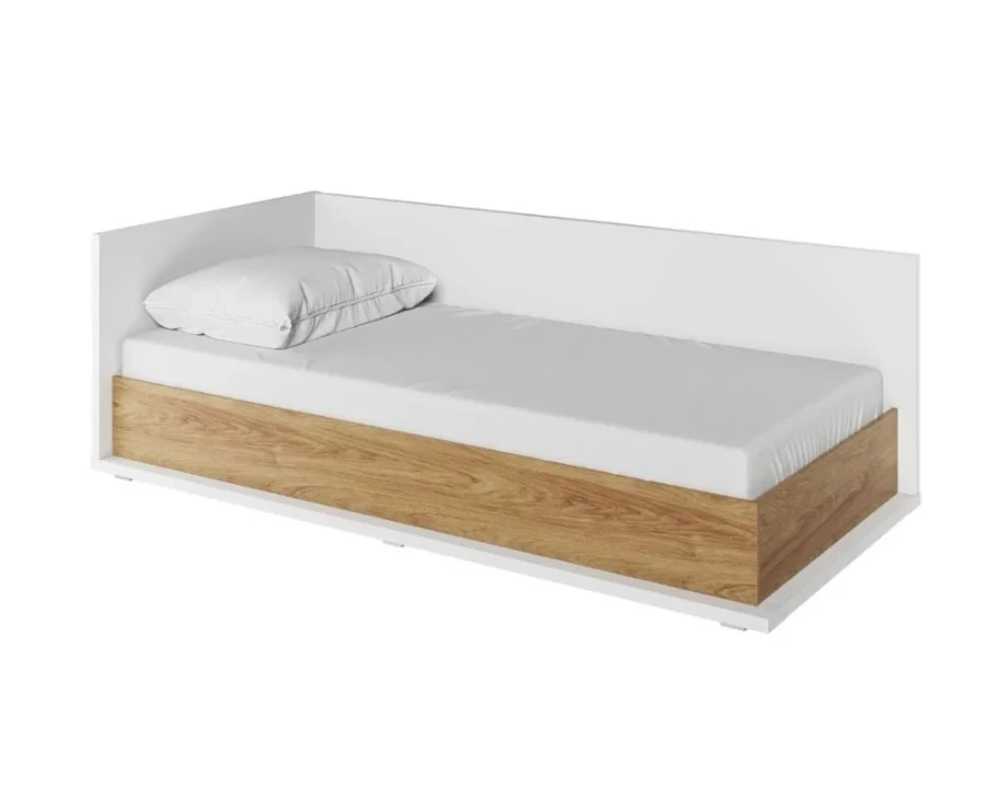Weißes Jugendbett mit Bettgestell in Eichen-Optik, minimalistisches Design für Kinder.