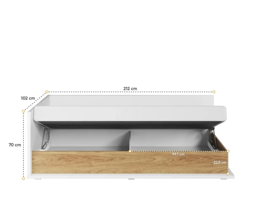 Funktionsbett mit aufklappbarem Bettkasten und detaillierten Größenangaben.