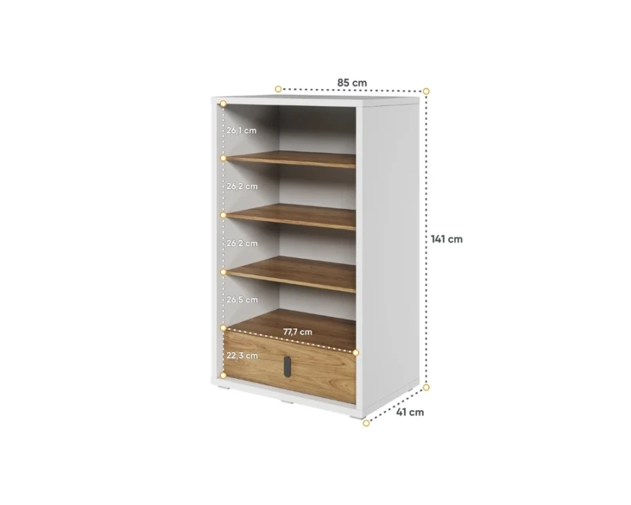 Weißes Bücherregal mit Holzregalböden, Schublade und genauen Maßen.