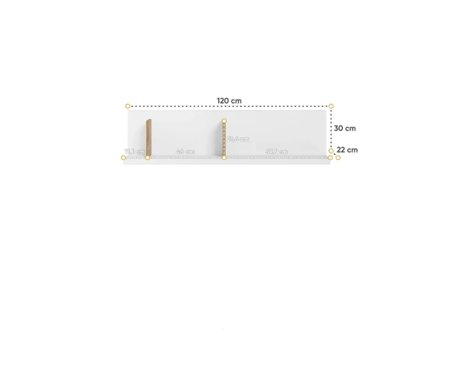 Maßangaben für das Wandregal: 120 cm Breite und 30 cm Höhe.