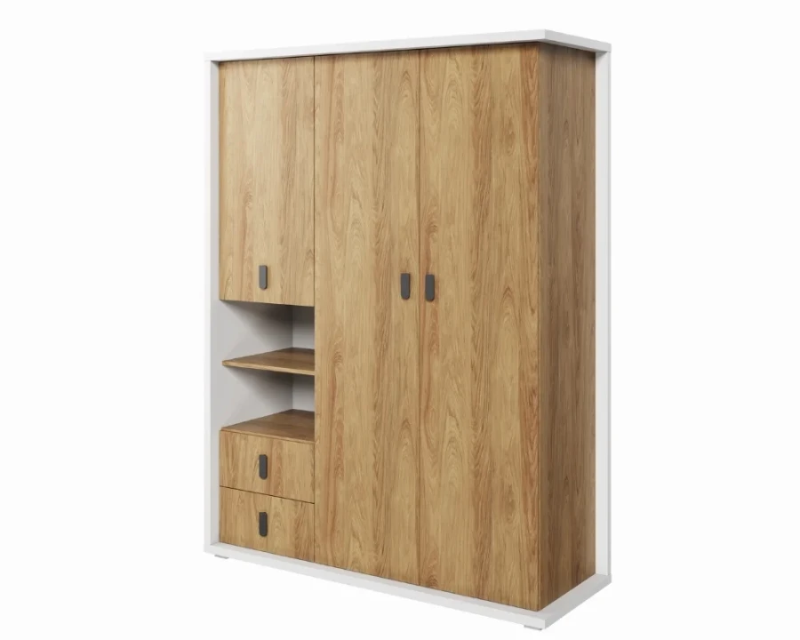 Moderner Kleiderschrank in Eiche-Optik mit weißem Rahmen, Regalfächern und Schubladen.