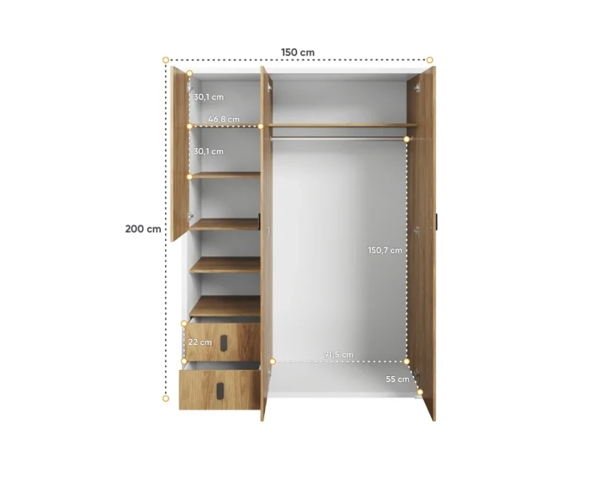 Innenansicht Kleiderschrank mit Maßen 200x150 cm, Kleiderstange, Einlegeböden und Schubladen.