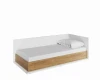 Minimalistisches weißes Bett mit Holzblende in Eiche-Optik und weißem Kissen.