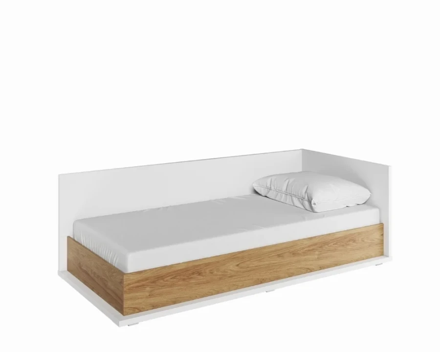 Minimalistisches weißes Bett mit Holzblende in Eiche-Optik und weißem Kissen.